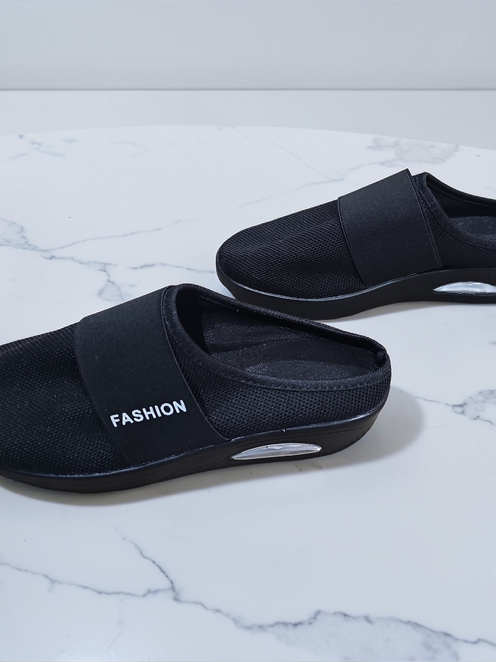 Black Slip-On Mesh Mules with 'FASHION' Band